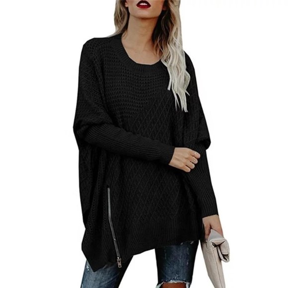 Sweaters - Black Side Zip Waffle Sweater